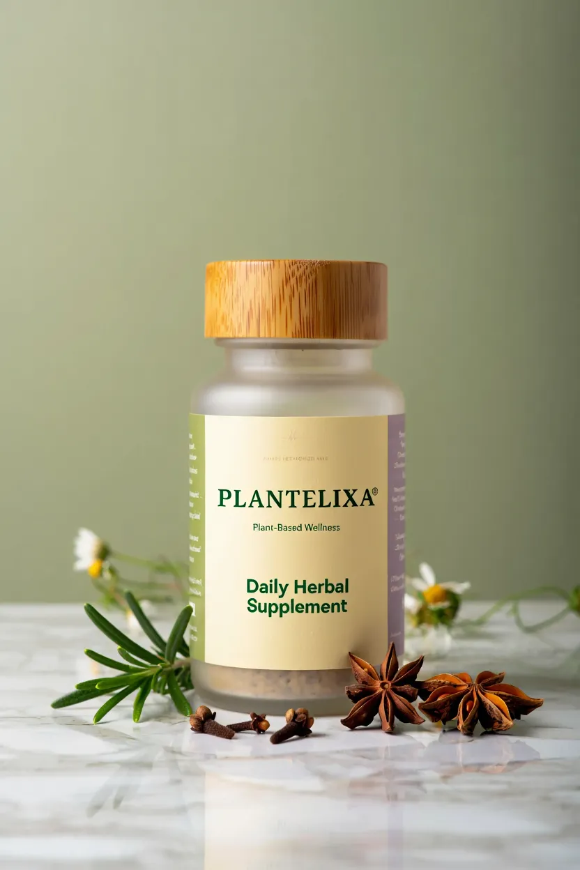 Plantelixa plant-based wellness supplement bottle with natural herbal ingredients